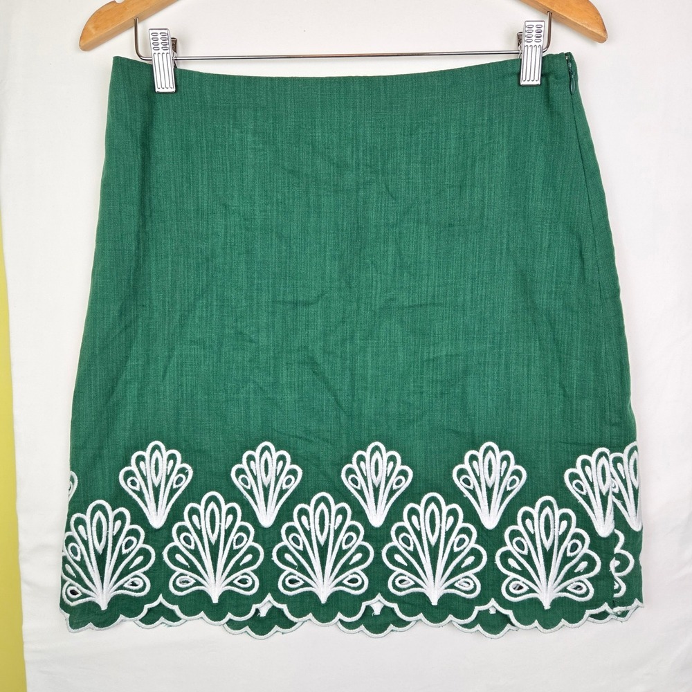 Talbots Petite Green Linen Cotton Embroidered Shell Scallop Hem Skirt 6P NEW